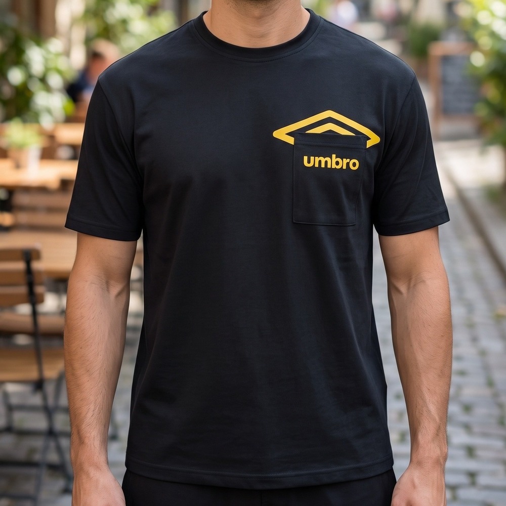 Umbro Mens Black Yellow Graphic Pocket T-Shirt Short Sleeve Soccer Sportswear